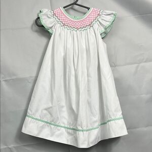 Simply Smock White hand smocked bishop dress with pink and green embroidery 18m